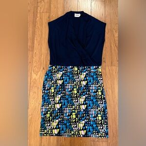 Leota 2L USA-Made Navy Blue Colorful V-Neck Sheath Dress Sleeveless 2X Plus Size